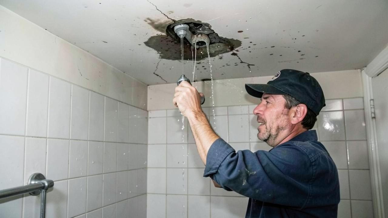 Water leak in a bathroom being repaired