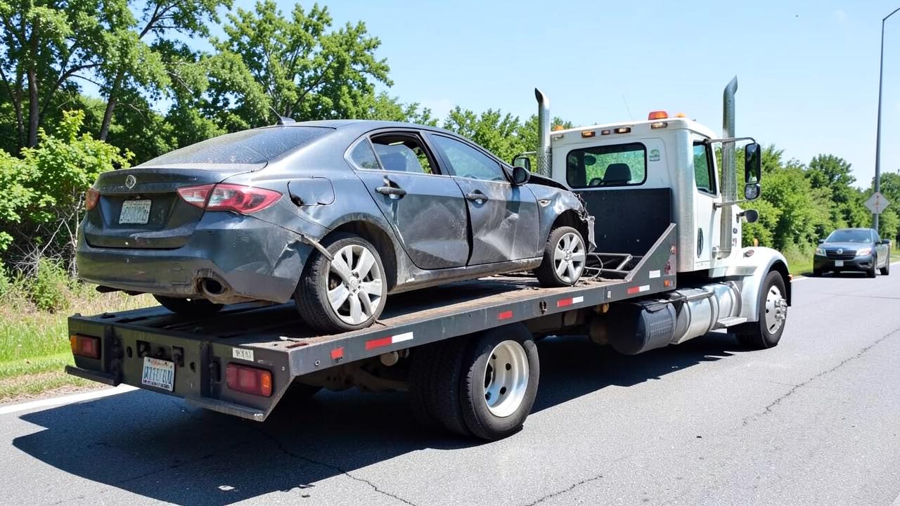 Broken down car loaded on a tow truck